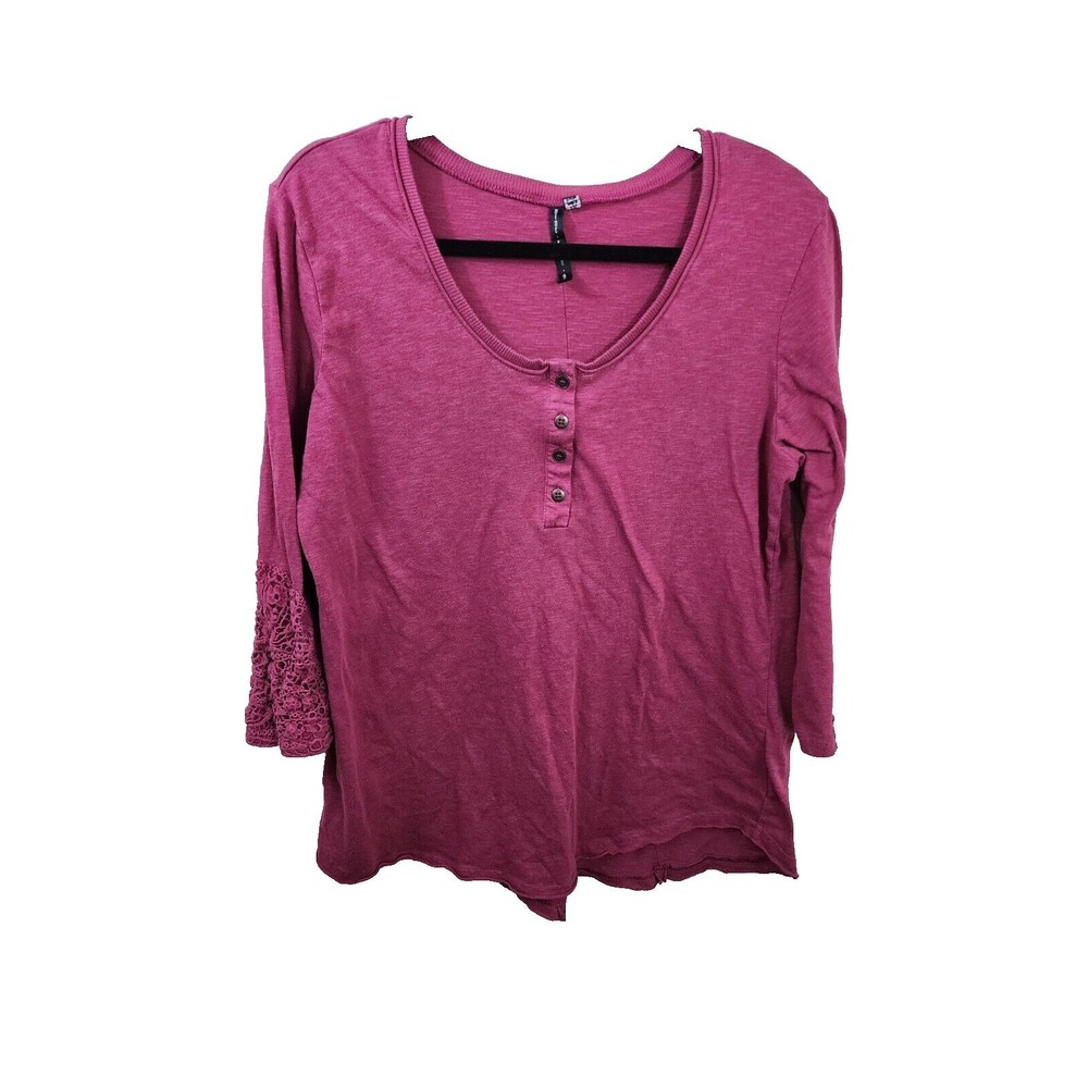 Nine Four One Womens 2X Pink 3/4th Embroidered Sleeve Quarter Button Henley Top